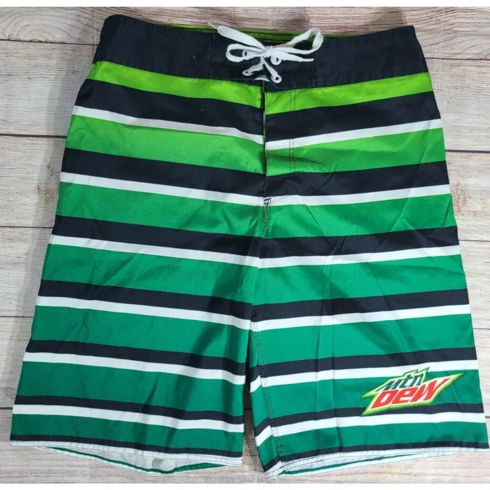 Mountain Dew Board Swim Shorts Men's Size 32 Green Black White Striped Summer